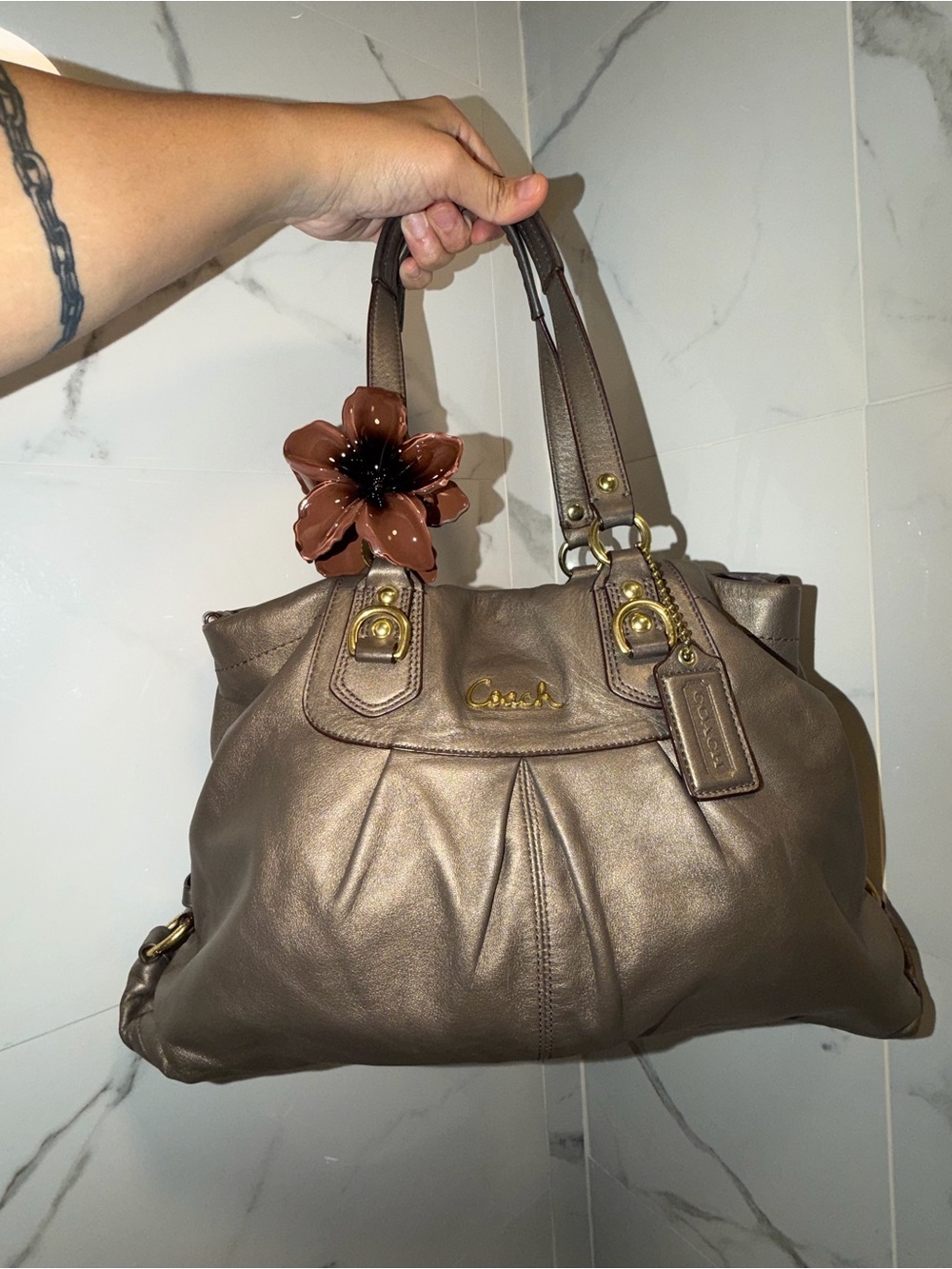Coach Metallic Bronze Leather Shoulder Tote with Flower Charm